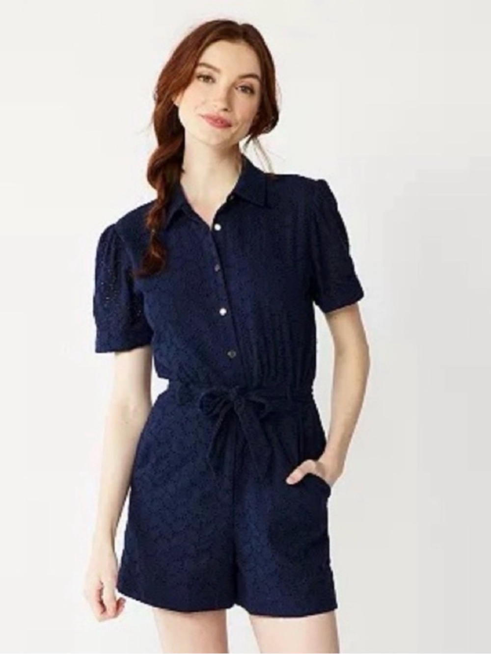 Draper James Navy Eyelet Short-Sleeve Romper with Tie Waist